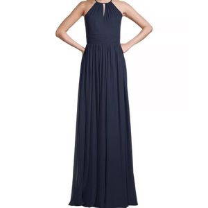 Levkoff Navy Chiffon Halter A-Line Dress